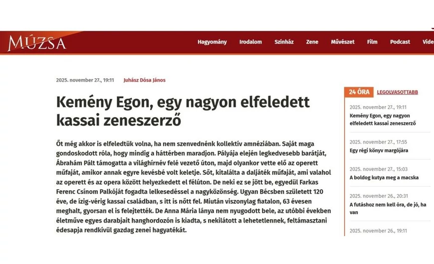 KEMÉNY EGON, EGY NAGYON ELFELEDETT KASSAI ZENESZERZŐ
